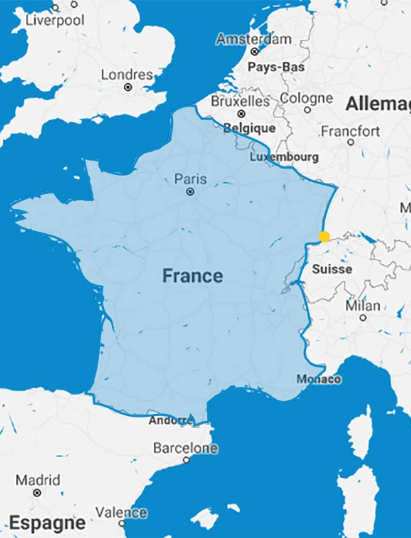 carte de la France et alentour avec le lieu de l'entreprise mis en évidence (Weil am Rhein en Allemagne)