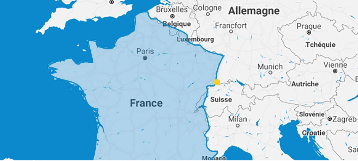 carte de la France et alentour avec le lieu de l'entreprise mis en évidence (Weil am Rhein en Allemagne)